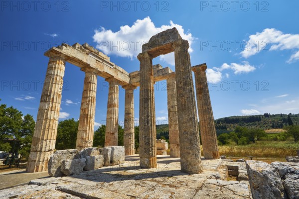 Ancient ruins and columns in a green landscape, Nemea, Ancient Zeus Church, Archaeological Site,