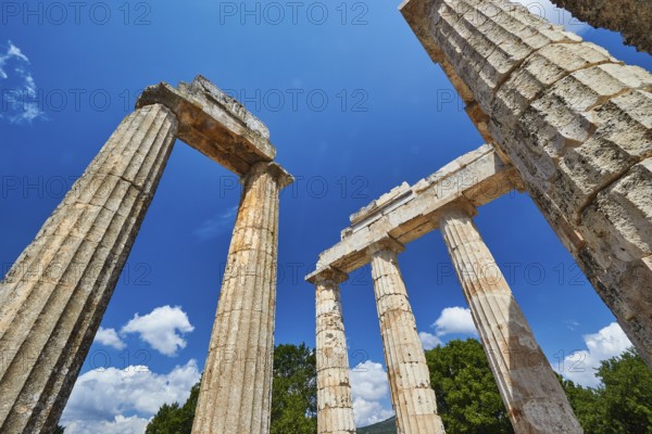 View of ancient columns and ruins with clear skies, Nemea, Ancient Zeus Heightum, Archaeological