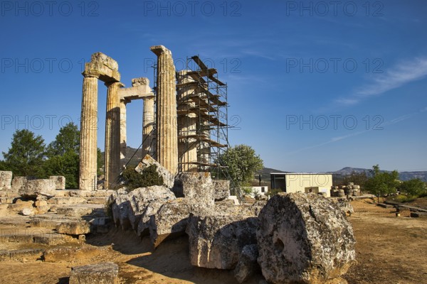 Ancient columns with landscape in the background. Ruins and Nature, Nemea, Ancient Temple of Zeus,
