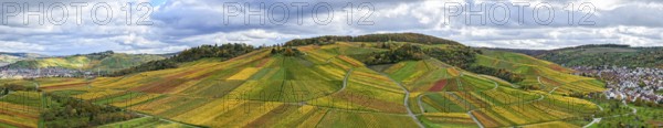 Panoramic view of hilly vineyards under cloudy sky, with autumn colors, near Strümpfelbach im