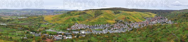 Panoramic view of an autumn-colored wine village surrounded by green hills and colorful vineyards,