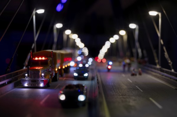 Interior view, replica of Köhlbrand Bridge in Hamburg, cars crossing bridge, miniature