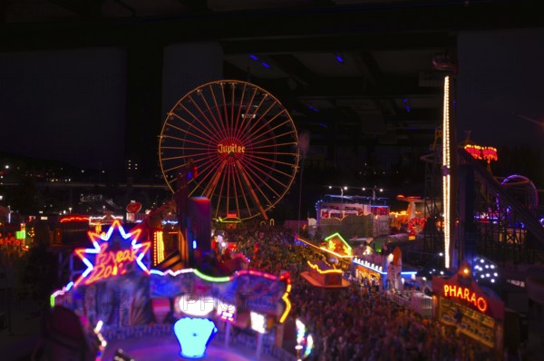 Interior view, night view, replica of a funfair, Ferris wheel, folk festival, rides, miniature