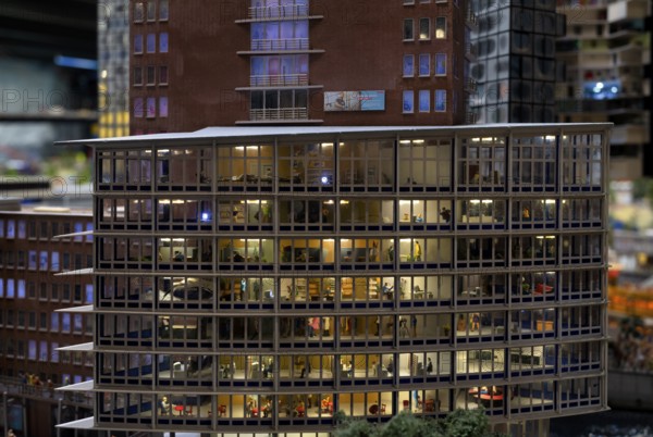 Interior view, replica of an office building in Monaco, miniature picture, night view, Miniature