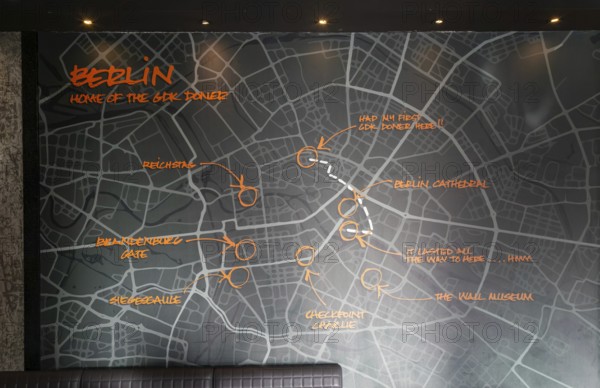 Map of Berlin inside GDK German Doner Kebab takeaway restaurant in city centre, Exeter, Devon,