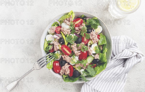 Salad with canned tuna, vegetable salad with quail eggs, lettuce and romaine leaves, red onion,