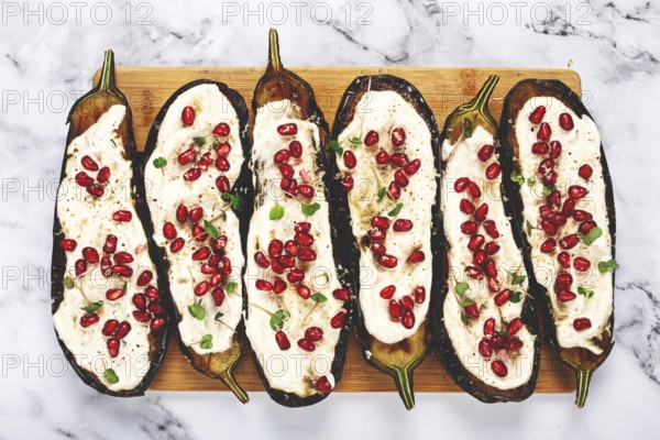Fried eggplant with sauce, decorated with microgreens and pomegranate seeds, eggplant appetizer,