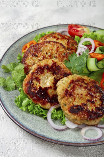 Fried chicken cutlets, minced chicken, with vegetables, on gray, with vegetable salad, top view,