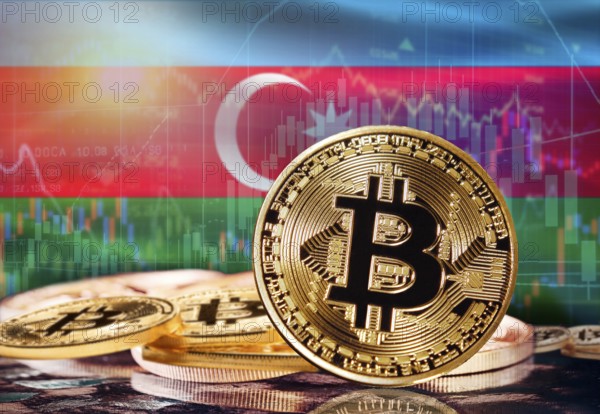 Bitcoin with Azerbaijan flag in the background. Investors in cryptocurrency and Blockchain