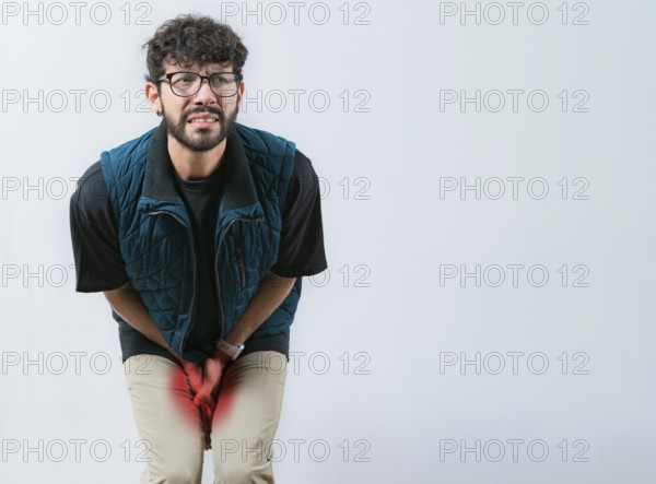 Young woman with hemorrhoids problems. Person with medical problem urinary. Male with hands on