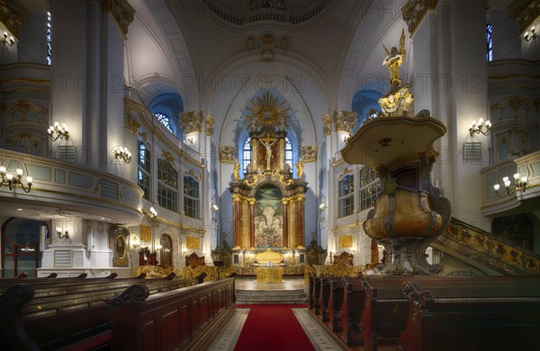 Interior view, celebration altar, choir, altar, pulpit, main evangelical church of St. Michaelis,