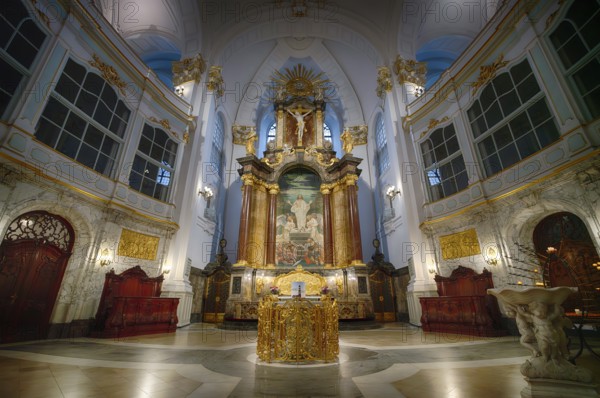 Interior view, celebration altar, choir, altar, main evangelical church of St. Michaelis, Michel