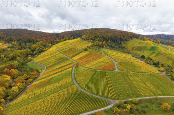 Vineyards in autumn colors, with hilly landscapes and cloudy skies, near Stetten im Remstal,