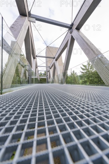Modern steel bridge photographed from below, forest in the background, Ruhestein National Park