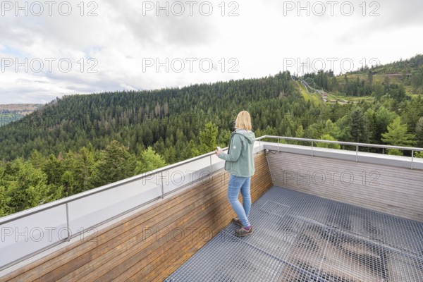 Person looking at the extensive forest landscape from an elevated vantage point, Ruhestein National