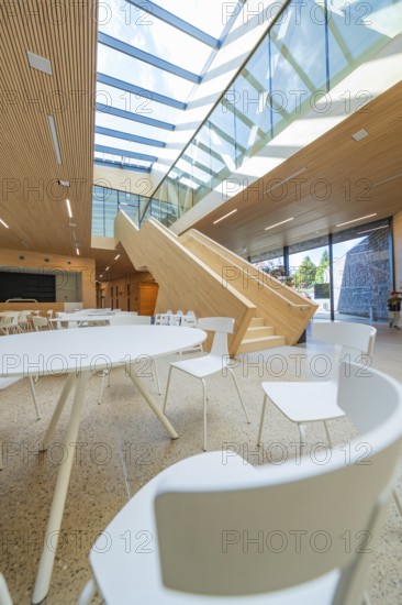 Bright room with glass walls and wooden staircase, modern interior design, Ruhestein National Park
