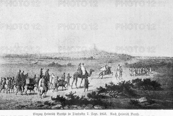 Entry of German explorer Heinrich Barth into Tumbuktu on September 7, 1853, southern Sahara rim,