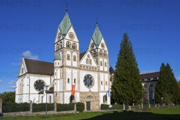 Impressive church with double towers against a blue sky and surrounded by trees, Bonifatiuskloster,
