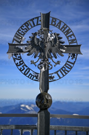 Cross at the mountain station of the Zugspitz cable car, Austrian side, municipality of Ehrwald,