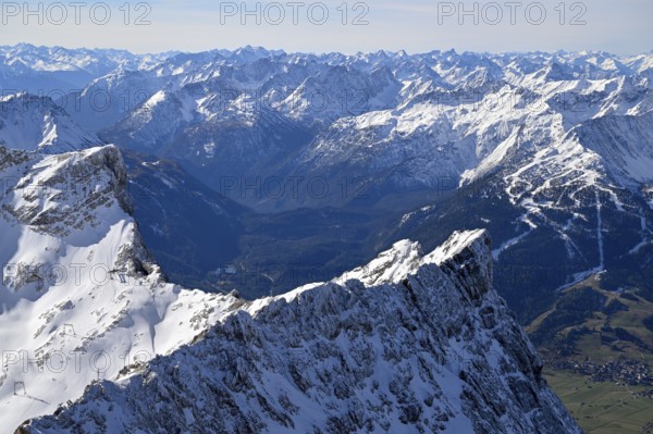 View of the Tyrolean Alps from the mountain station of the Zugspitz cable car, Austrian side,