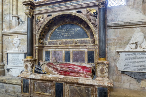Memorial tomb effigy Bishop Valentine Carey died 1626, Exeter cathedral church, Exeter, Devon,