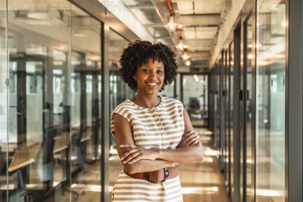Young african american businesswoman smiling with crossed arms, standing confidently in a modern