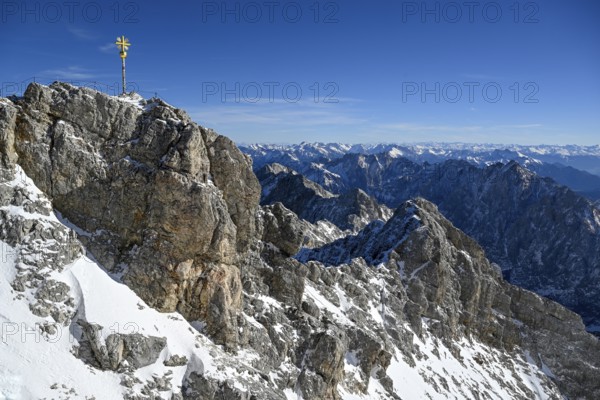 Zugspitze summit cross (2962 m), in the background the Wetterstein Mountains, Grainau municipality,