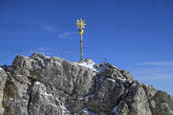 Zugspitze summit cross (2962 m), Grainau municipality, Garmisch-Partenkirchen district, Bavaria,