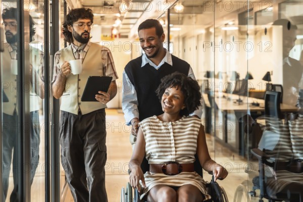 Diverse business colleagues collaborating in a inclusive modern office, a smiling woman in a