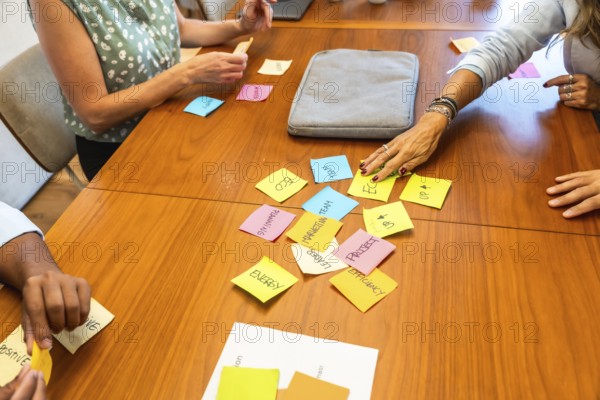 Colleagues collaborating during a business meeting, organizing concepts and strategies with