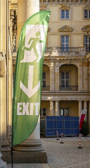 Green exit banners at the Schlüter Hof exit in the Humboldt Forum, Berlin, Germany