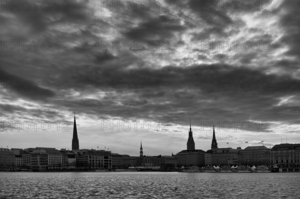 Inner Alster with Jungfernstieg, St. Nikolai church, town hall, main evangelical church St.