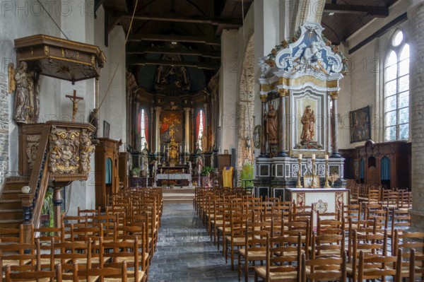 12th century Church of Our Lady, Onze-Lieve-Vrouwekerk interior in the village Wulveringem in