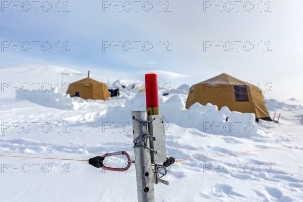 Tripwire warning device armed with blank cartridge from perimeter fence against polar bears at