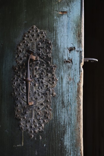 Wrought iron door lock with handle, Maihaugen open-air museum with houses and objects from farms in