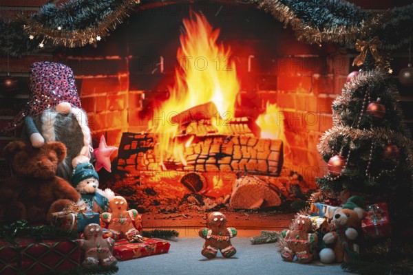 Fireplace surrounded by Christmas decorations, gingerbread and gifts