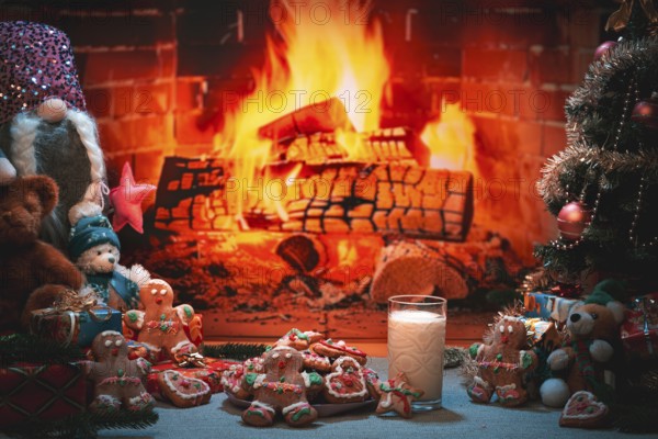 Christmas scene with cookies and milk in front of a fireplace with toys and decoration