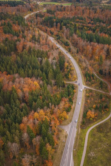 Winding country road through colorful autumn forest with occasional traffic, new Lindenrain