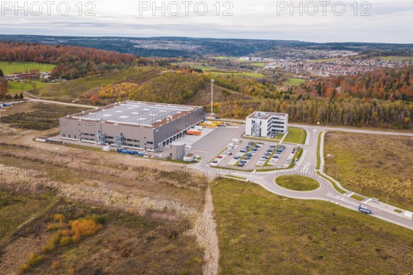 Industrial building with parking spaces in autumn hills, new Lindenrain industrial park, Calw,