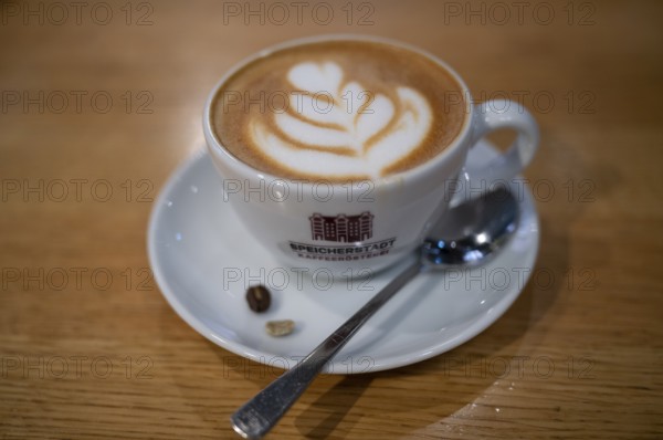 Cappuccino cup, coffee, wooden table, logo, coffee roastery, food, Free and Hanseatic City of