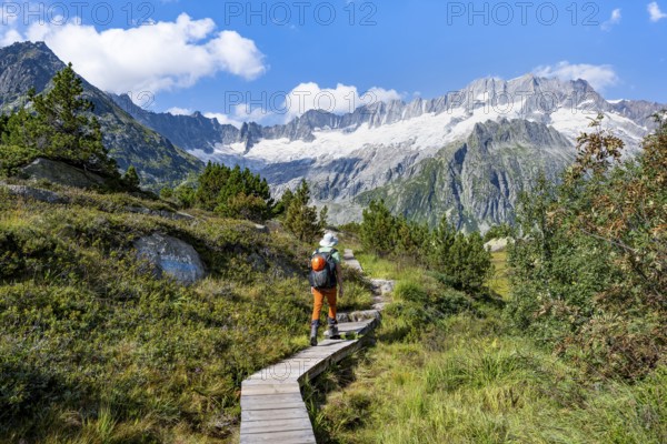 Mountaineers on wooden plank trail through mountain moor, in front of picturesque mountain scenery,