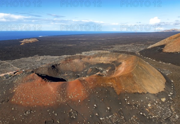 Montaña Quemada volcano, volcanic landscape with craters and lava fields, aerial view, Lanzarote,