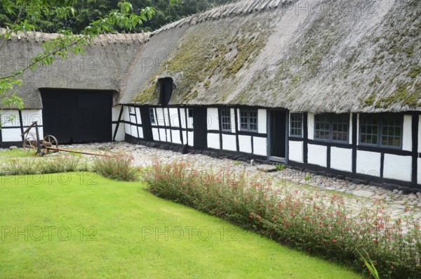Half-timbered farmhouse and lawn in Den gamle by, The old Funen village, open air museum in Odense,