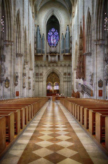 Interior view, main organ on the west gallery, central aisle facing west, Our Lady of Ulm, Ulm