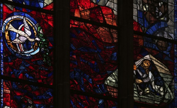 Interior photo, Dove of Peace, Window of the Promise by Peter Valentin Feuerstein, stained glass