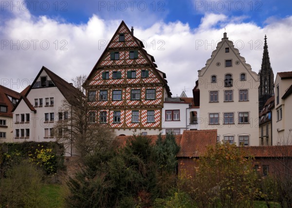 City view, half-timbered houses, red diamonds, city wall, Fischergasse, Fischerviertel, Our Lady of