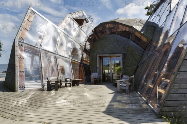 Wood and glass construction, modern architecture, terrace in front of Domen Cultural Center,