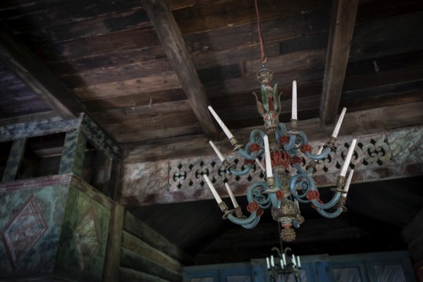 Old chandelier carved from wood, Maihaugen open-air museum with houses and objects from farms in