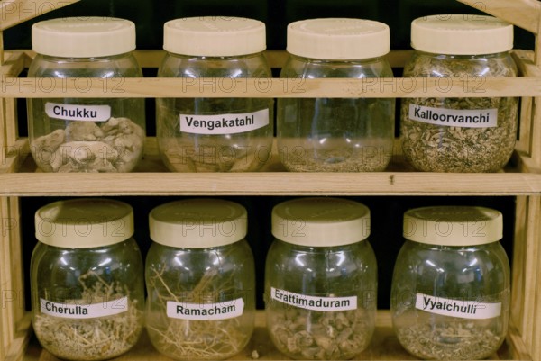 Containers of traditional medicinal herbs and spices, Villa Visalam, Cgh-Earth Hotel Group Hotel,