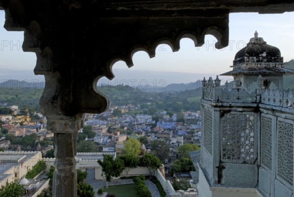 View of Delwara village surrounded by the Aravalli Mountains, Palace Hotel Devigarh, near Udaipur,